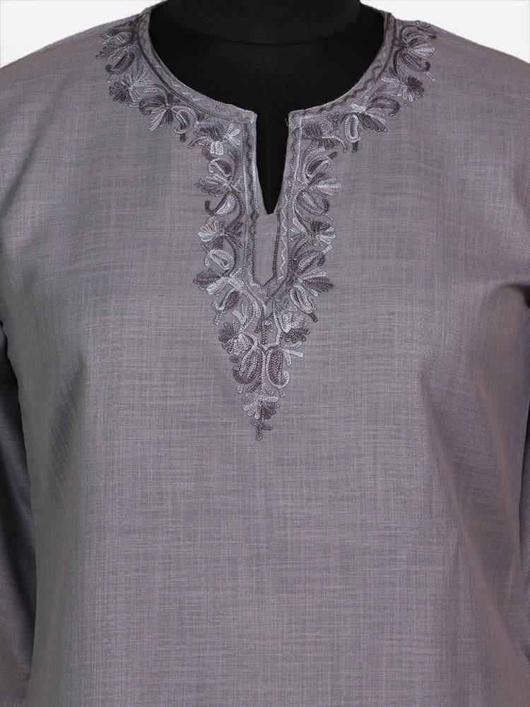 nAARI Smoke Grey Kashmiri Aari Embroidered Cotton Kurti - Shopping in Kashmir