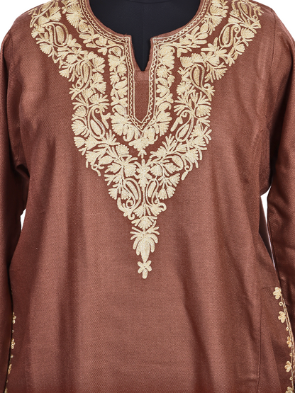 Dusky Brown Cashmilon Wool Zari Embroidered Kashmiri Pheran - Pehnava