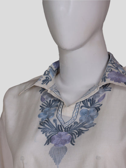 Zariya Cream-White Silk Twins - Zari Kurti Set & Aari Kaftan Set