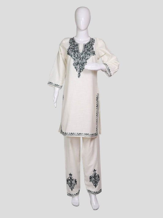 nAARI Kashmiri Aari Embroidered Creamish White Cotton Coord Set - Shopping in Kashmir