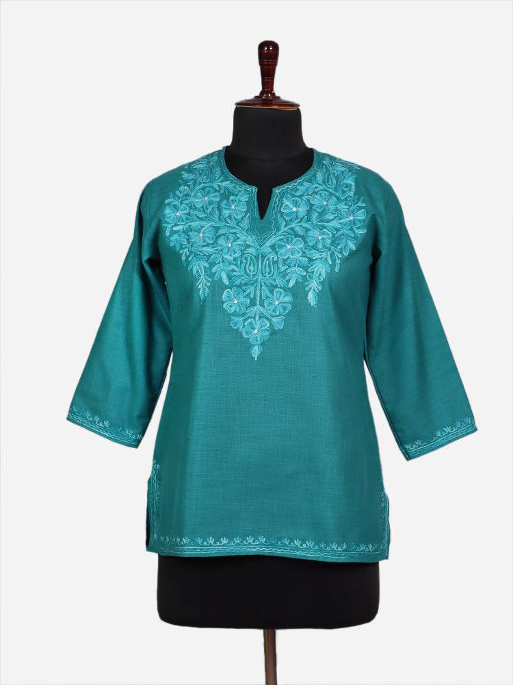nAARI Dark Aqua Green Kashmiri Aari Embroidered Cotton Kurti - Shopping in Kashmir