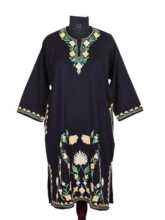 Black Cashmilon Wool Aari Embroidered Kashmiri Pheran - Pehnava