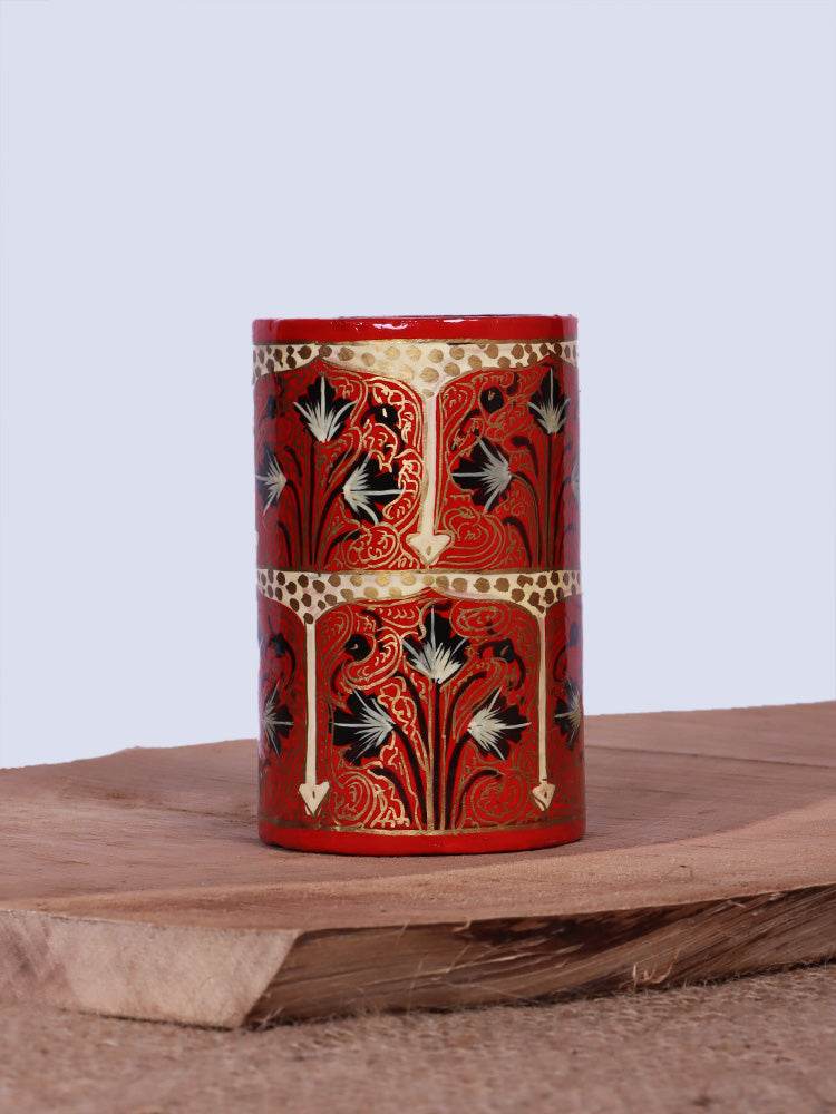 Red Paisley Design Papier Mache Pen Holder - Shopping in Kashmir