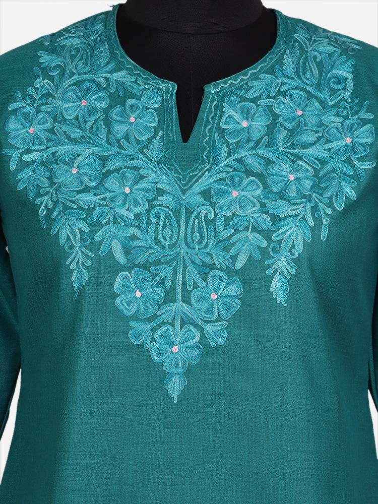 nAARI Dark Aqua Green Kashmiri Aari Embroidered Cotton Kurti - Shopping in Kashmir