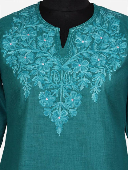 nAARI Dark Aqua Green Kashmiri Aari Embroidered Cotton Kurti - Shopping in Kashmir