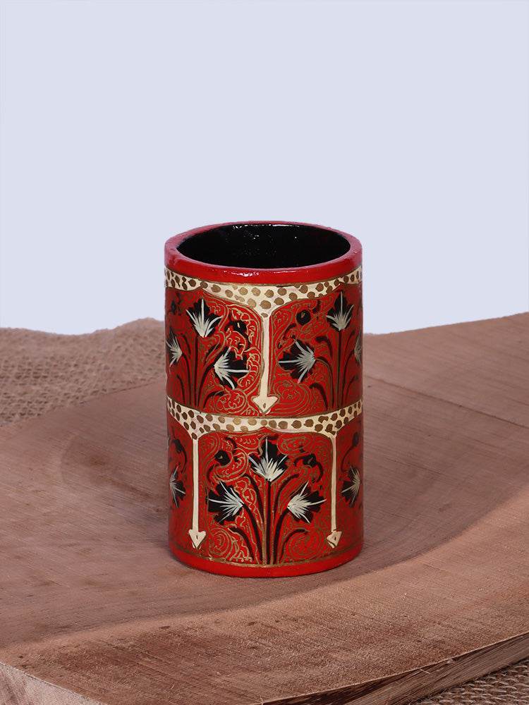 Red Paisley Design Papier Mache Pen Holder - Shopping in Kashmir