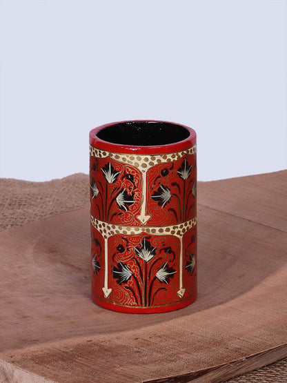 Red Paisley Design Papier Mache Pen Holder - Shopping in Kashmir