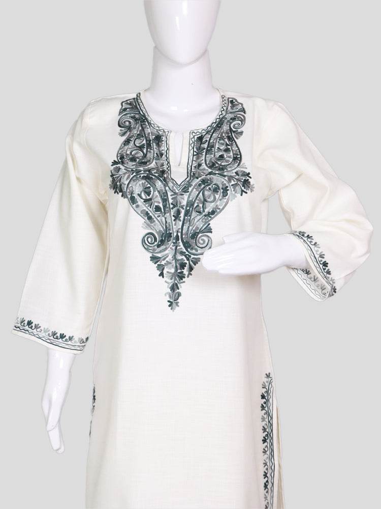 nAARI Kashmiri Aari Embroidered Creamish White Cotton Coord Set - Shopping in Kashmir