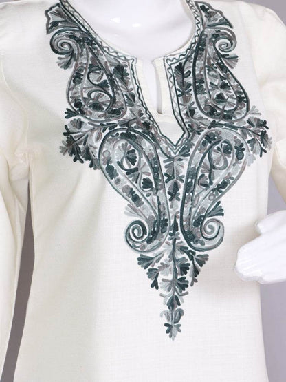 nAARI Kashmiri Aari Embroidered Creamish White Cotton Coord Set - Shopping in Kashmir