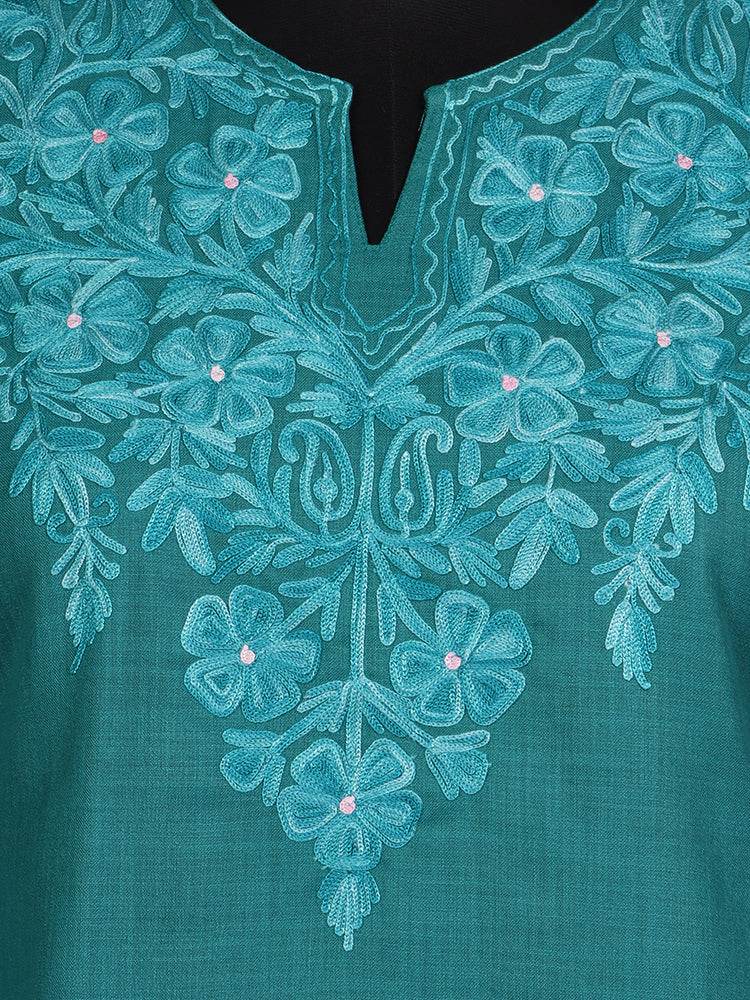 nAARI Dark Aqua Green Kashmiri Aari Embroidered Cotton Kurti - Shopping in Kashmir