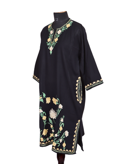 Black Cashmilon Wool Aari Embroidered Kashmiri Pheran - Pehnava