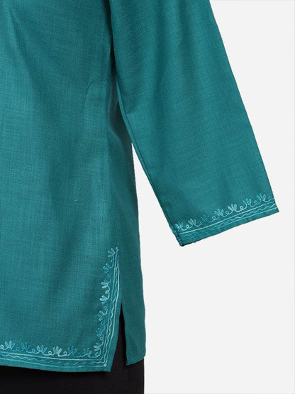 nAARI Dark Aqua Green Kashmiri Aari Embroidered Cotton Kurti - Shopping in Kashmir
