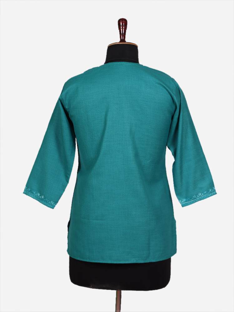 nAARI Dark Aqua Green Kashmiri Aari Embroidered Cotton Kurti - Shopping in Kashmir