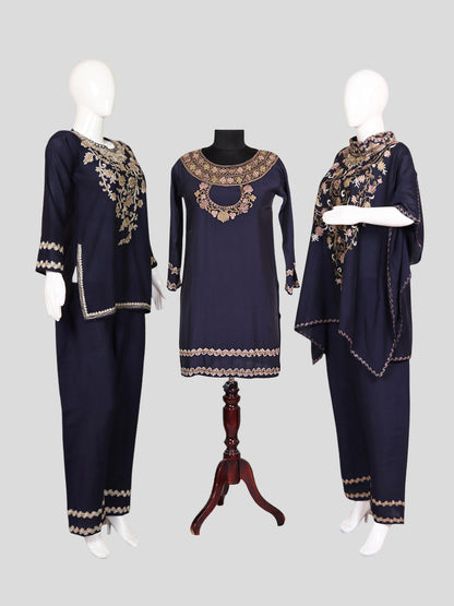 Zariya Navy Blue Silk Trio Edit - Kurti, Kaftan Set, & Coord Set