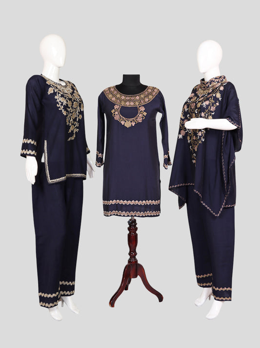 Zariya Navy Blue Silk Trio Edit - Kurti, Kaftan Set, & Coord Set
