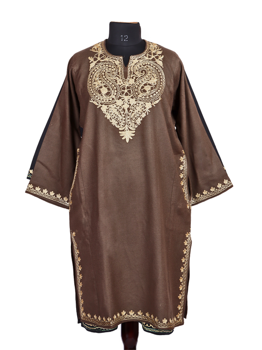 Taupe Brown Cashmilon Wool Zari Embroidered Kashmiri Pheran - Pehnava
