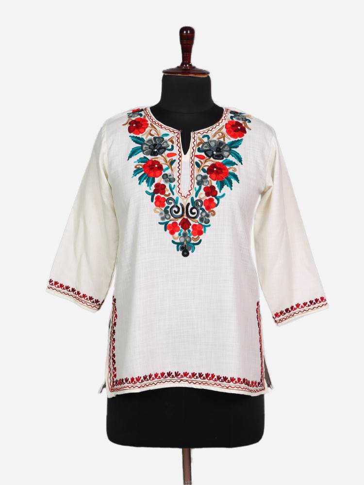 nAARI Creamish White Kashmiri Aari Embroidered Cotton Kurti - Shopping in Kashmir
