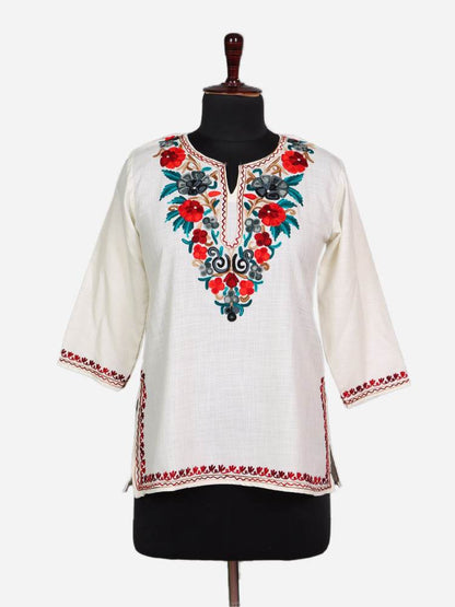 nAARI Creamish White Kashmiri Aari Embroidered Cotton Kurti - Shopping in Kashmir