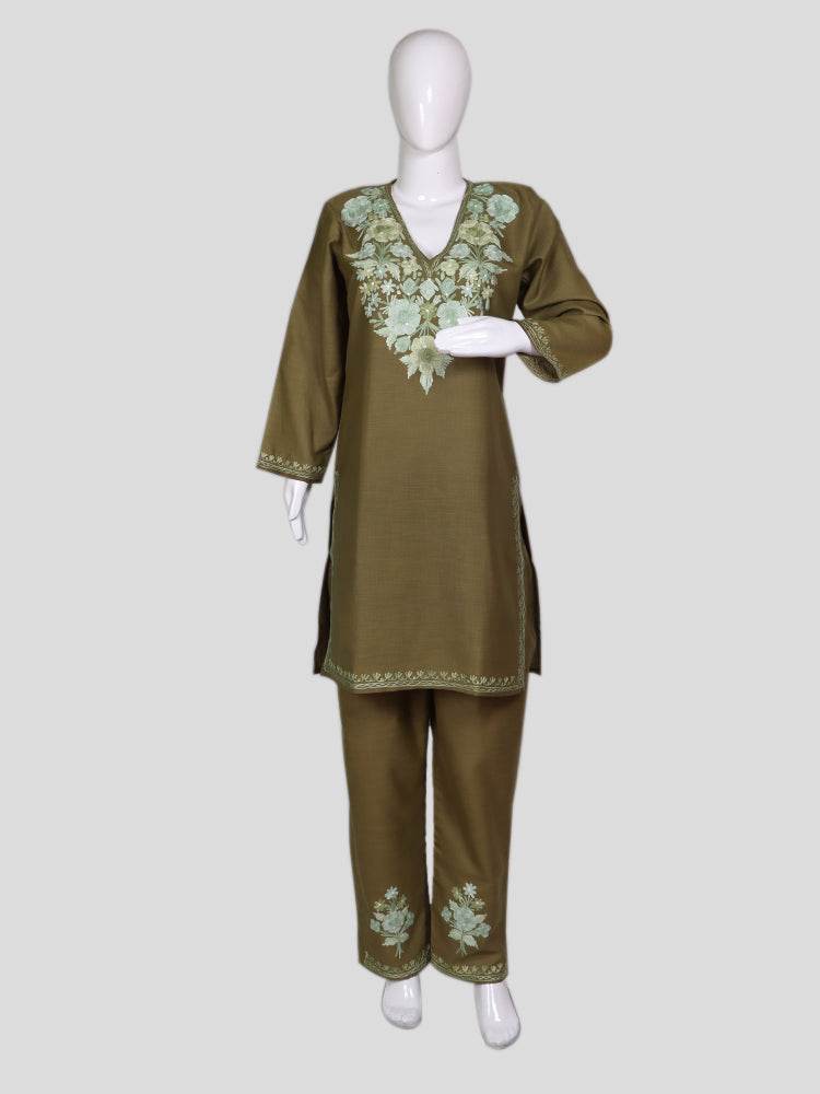nAARI Kashmiri Aari Embroidered Olive Green Cotton Coord Set - Shopping in Kashmir