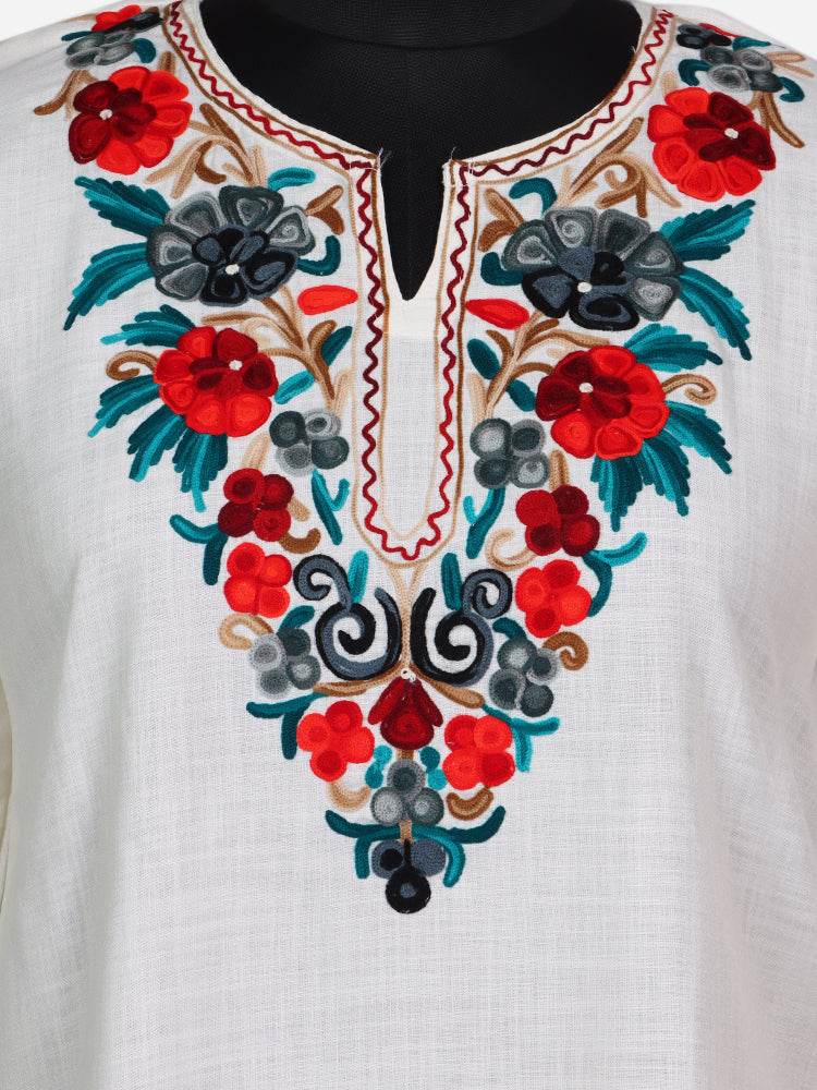 nAARI Creamish White Kashmiri Aari Embroidered Cotton Kurti - Shopping in Kashmir