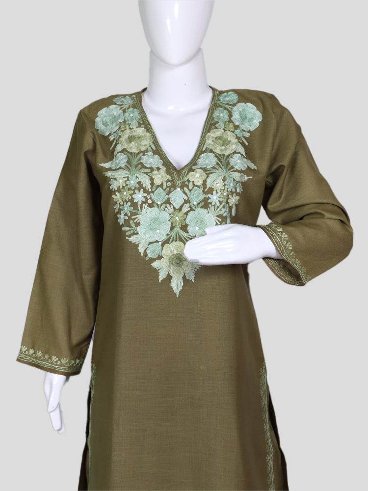 nAARI Kashmiri Aari Embroidered Olive Green Cotton Coord Set - Shopping in Kashmir