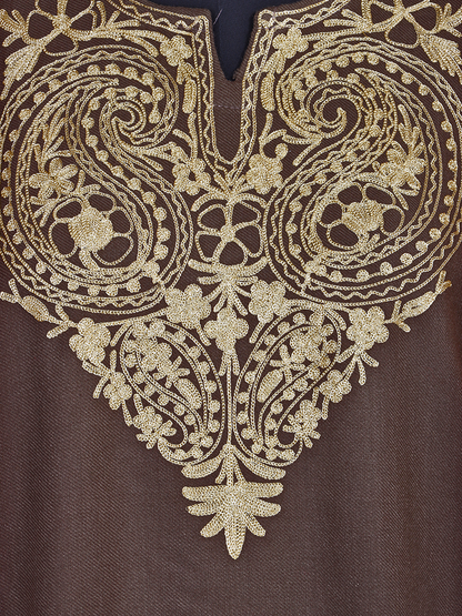 Taupe Brown Cashmilon Wool Zari Embroidered Kashmiri Pheran - Pehnava