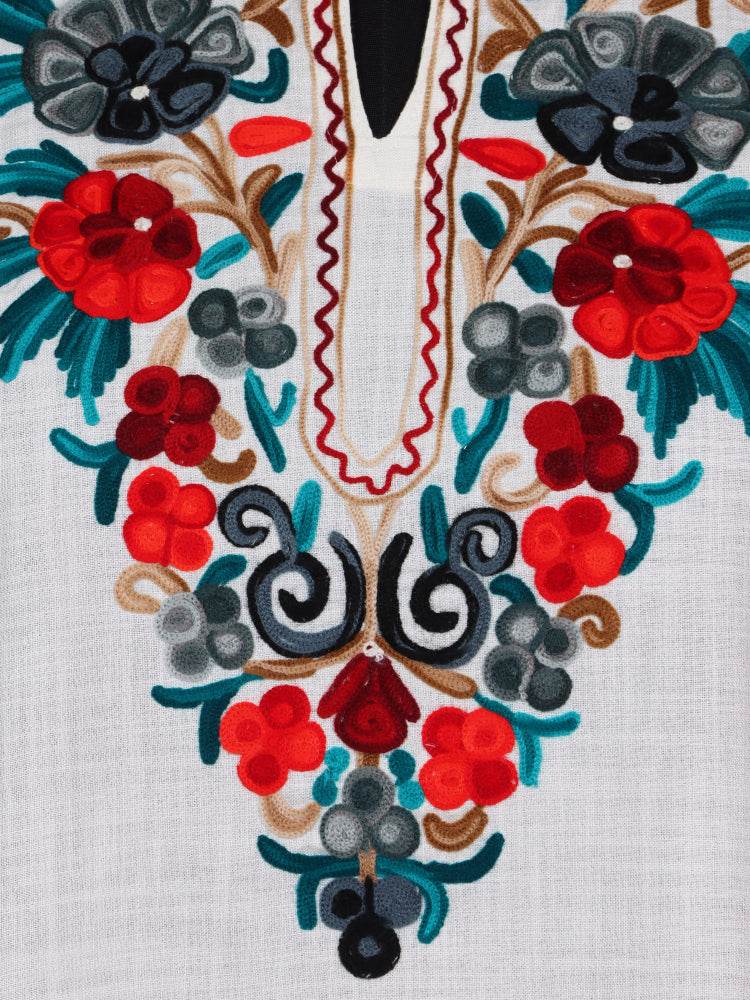 nAARI Creamish White Kashmiri Aari Embroidered Cotton Kurti - Shopping in Kashmir