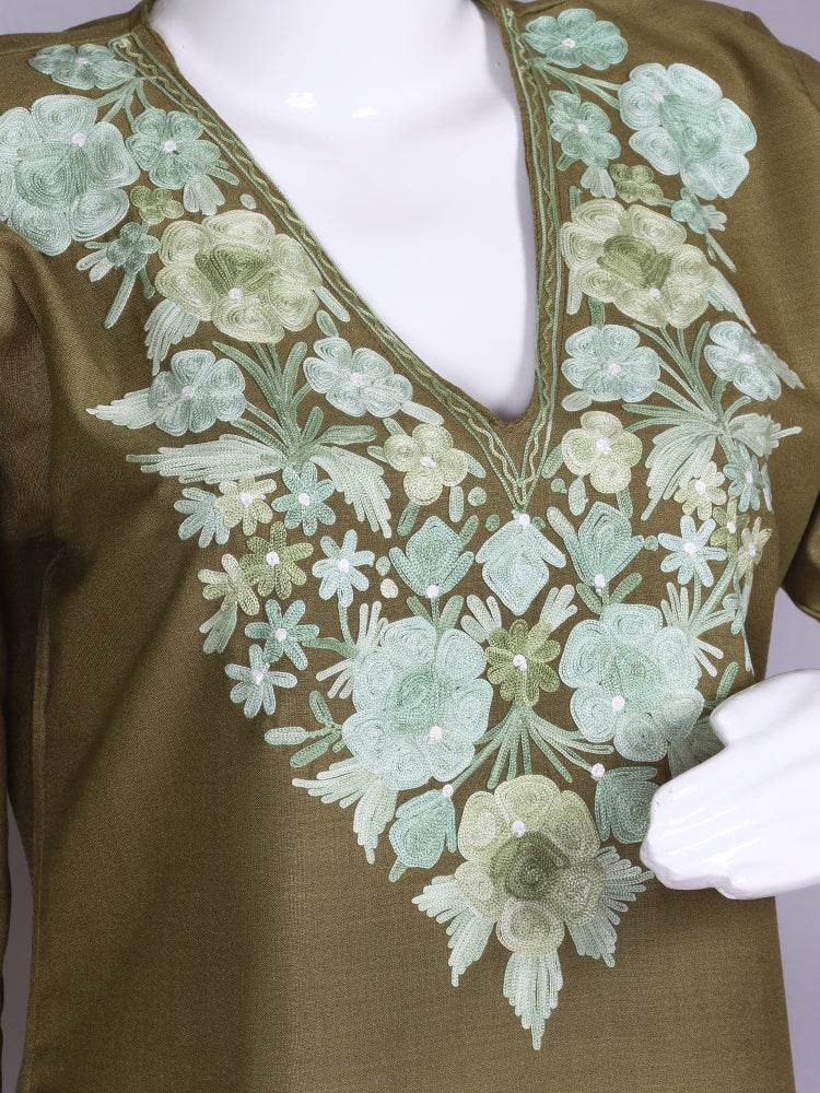nAARI Kashmiri Aari Embroidered Olive Green Cotton Coord Set - Shopping in Kashmir
