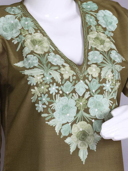 nAARI Kashmiri Aari Embroidered Olive Green Cotton Coord Set - Shopping in Kashmir