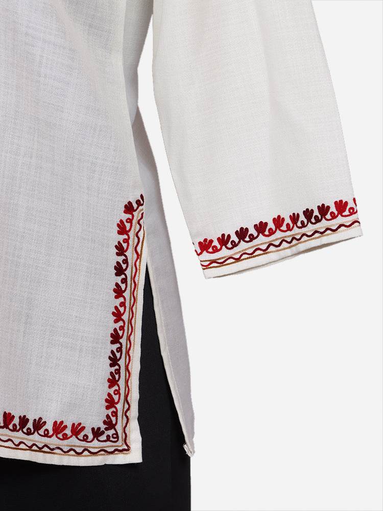 nAARI Creamish White Kashmiri Aari Embroidered Cotton Kurti - Shopping in Kashmir