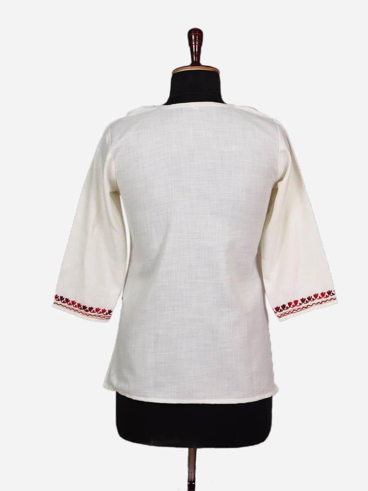 nAARI Creamish White Kashmiri Aari Embroidered Cotton Kurti - Shopping in Kashmir