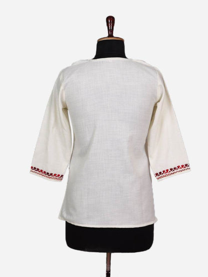 nAARI Creamish White Kashmiri Aari Embroidered Cotton Kurti - Shopping in Kashmir