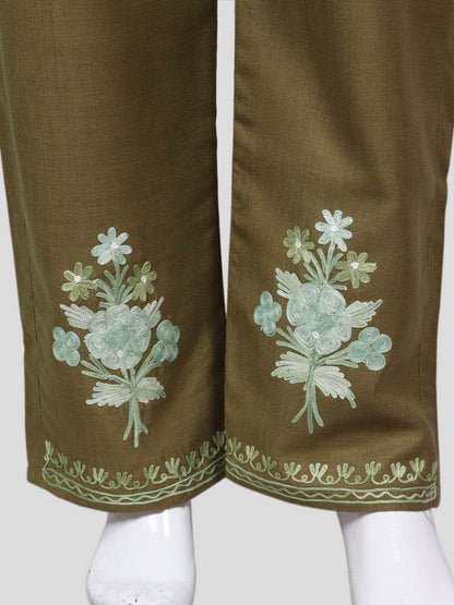 nAARI Kashmiri Aari Embroidered Olive Green Cotton Coord Set - Shopping in Kashmir