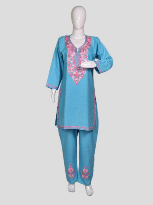 nAARI Kashmiri Aari Embroidered Sky Blue Cotton Coord Set - Shopping in Kashmir