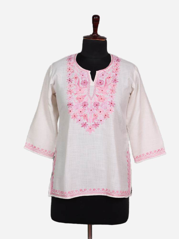 nAARI Pearl White Kashmiri Aari Embroidered Cotton Kurti - Shopping in Kashmir