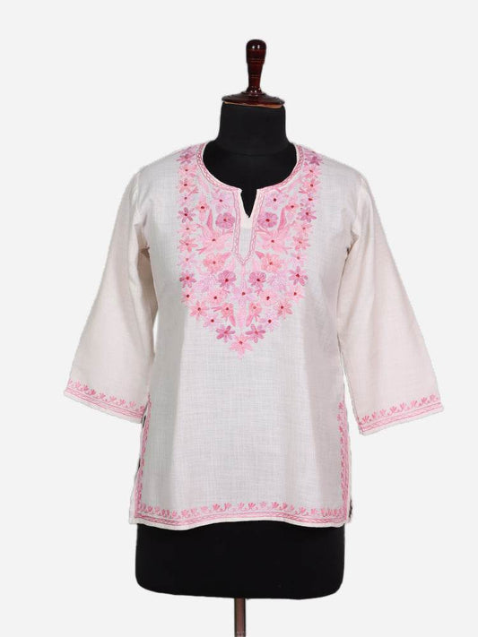 nAARI Pearl White Kashmiri Aari Embroidered Cotton Kurti - Shopping in Kashmir