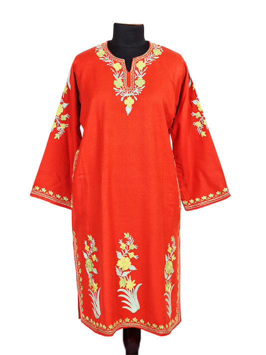 Orange Flame Cashmilon Wool Aari Embroidered Kashmiri Pheran - Pehnava