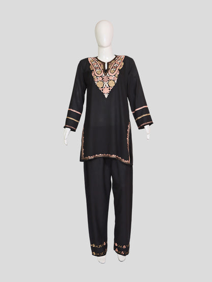 Zariya Kashmiri Aari Embroidered Jet Black Summer Cool Cotton Coord Set
