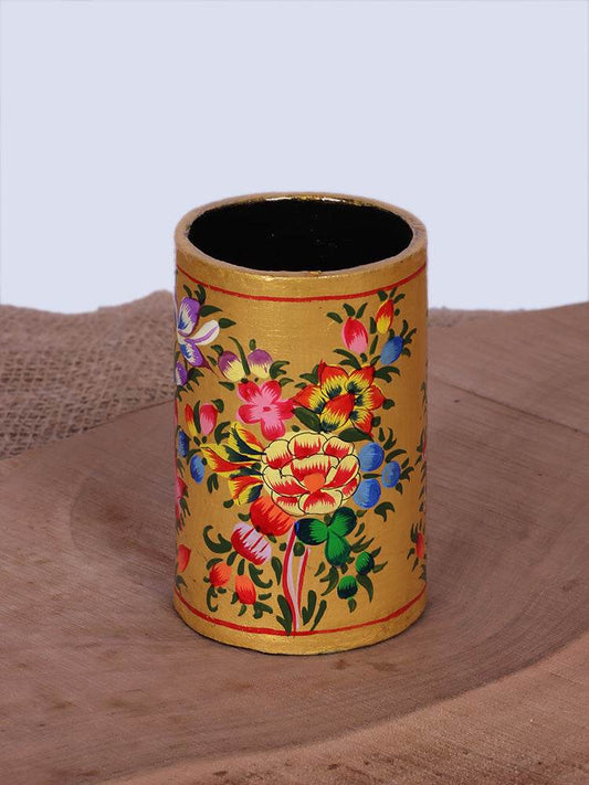 Gold Floral Design Papier Mache Pen Holder - Shopping in Kashmir