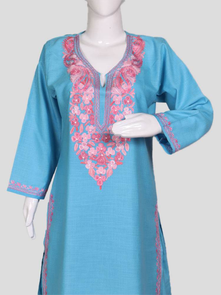 nAARI Kashmiri Aari Embroidered Sky Blue Cotton Coord Set - Shopping in Kashmir