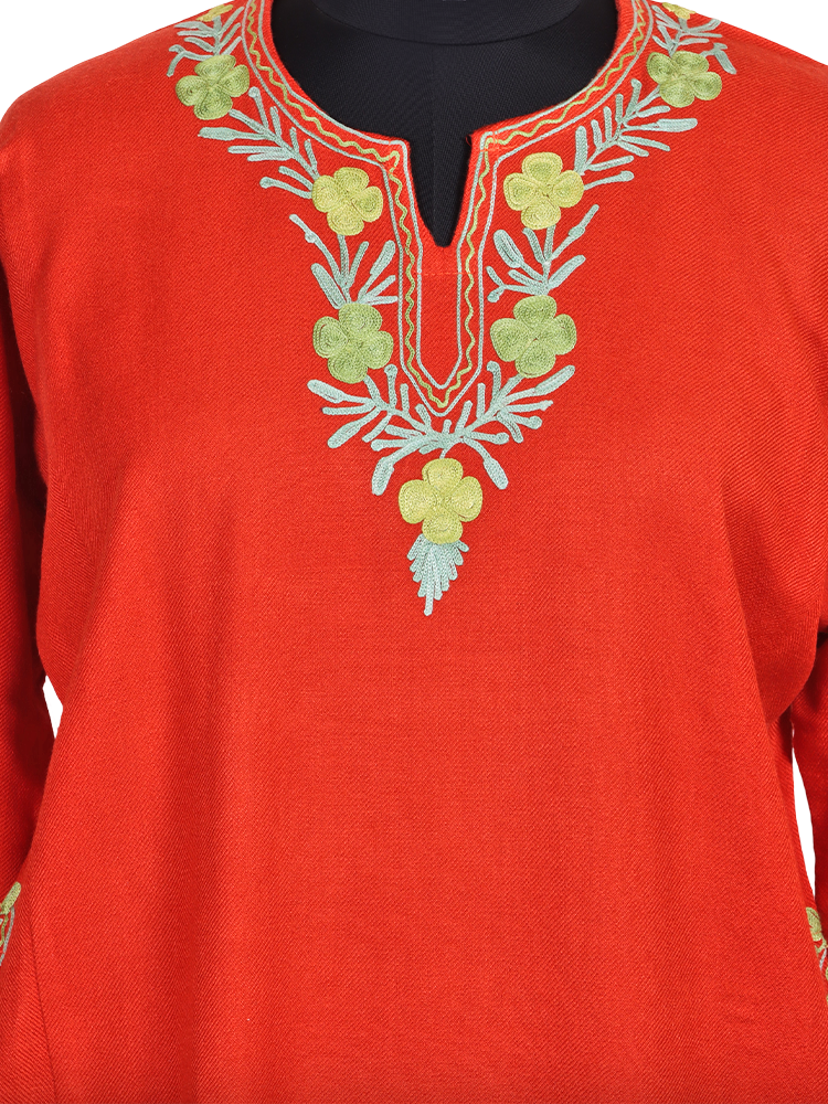 Orange Flame Cashmilon Wool Aari Embroidered Kashmiri Pheran - Pehnava