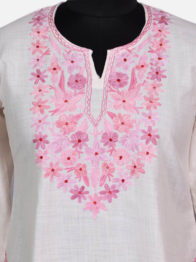 nAARI Pearl White Kashmiri Aari Embroidered Cotton Kurti - Shopping in Kashmir
