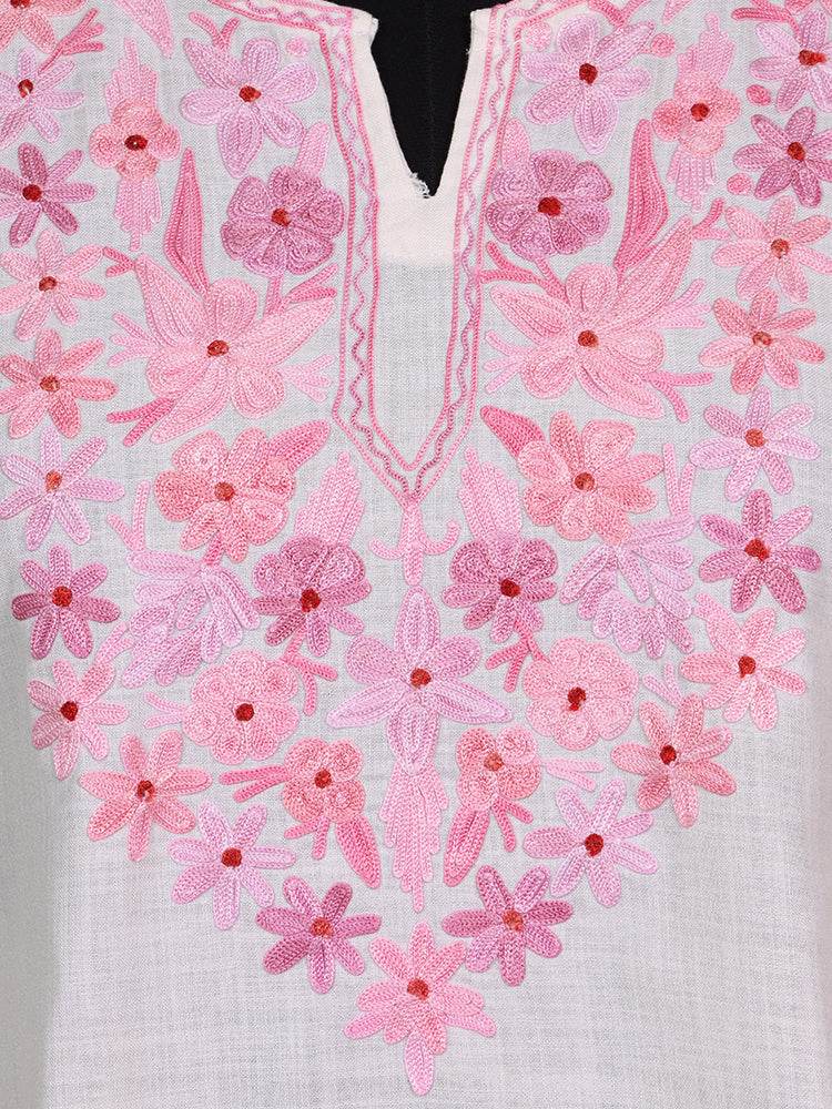 nAARI Pearl White Kashmiri Aari Embroidered Cotton Kurti - Shopping in Kashmir