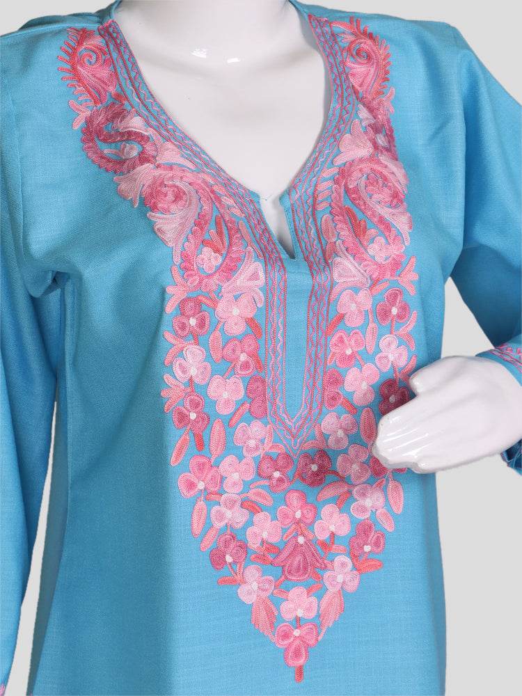 nAARI Kashmiri Aari Embroidered Sky Blue Cotton Coord Set - Shopping in Kashmir