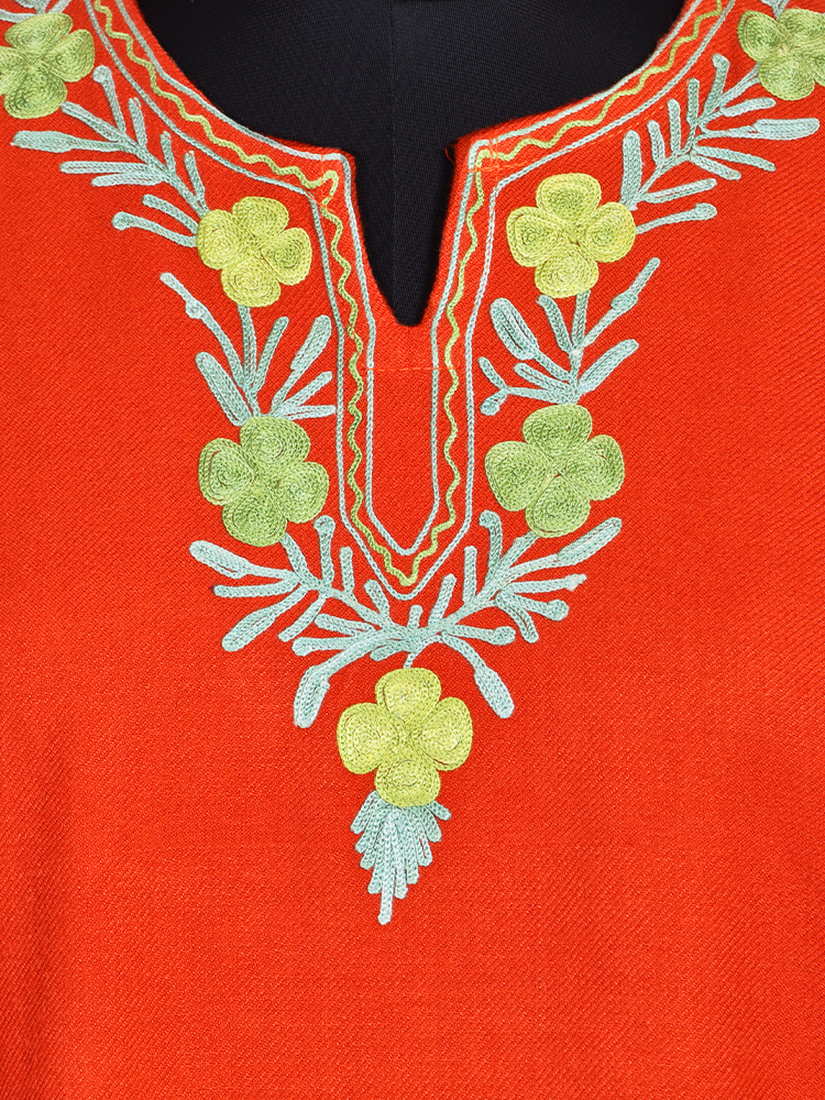 Orange Flame Cashmilon Wool Aari Embroidered Kashmiri Pheran - Pehnava