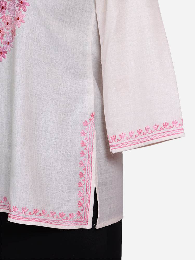 nAARI Pearl White Kashmiri Aari Embroidered Cotton Kurti - Shopping in Kashmir