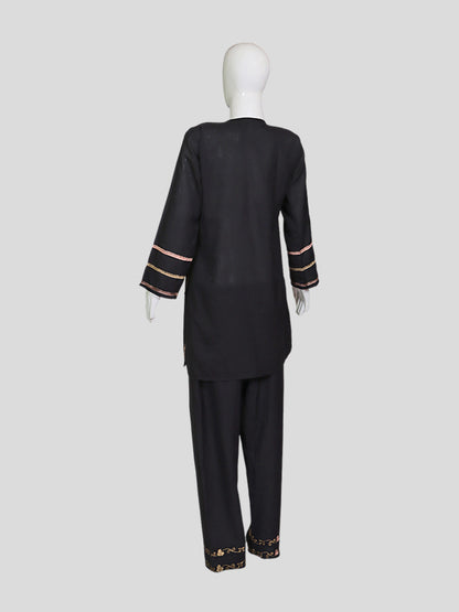 Zariya Kashmiri Aari Embroidered Jet Black Summer Cool Cotton Coord Set