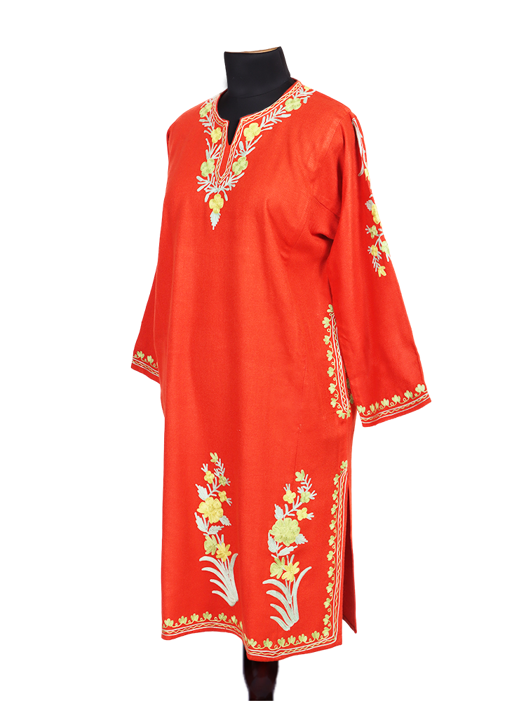 Orange Flame Cashmilon Wool Aari Embroidered Kashmiri Pheran - Pehnava
