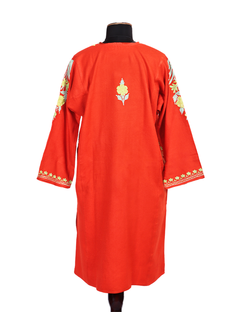 Orange Flame Cashmilon Wool Aari Embroidered Kashmiri Pheran - Pehnava