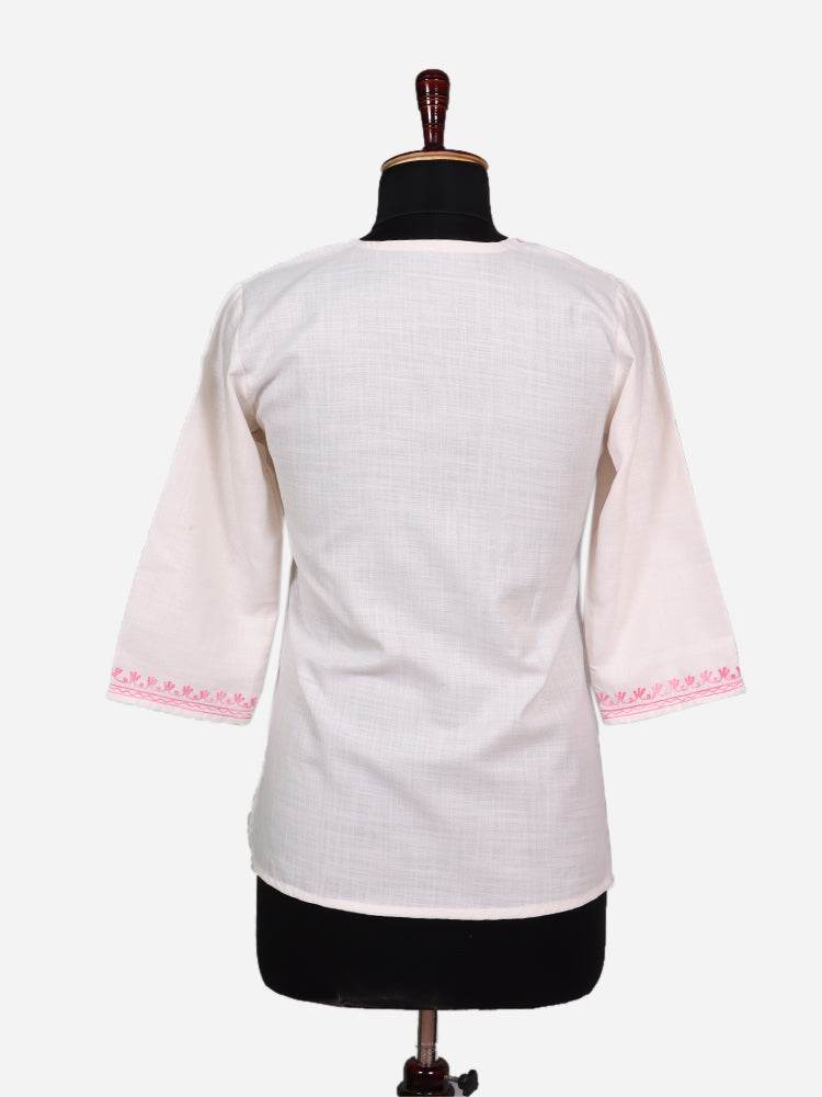 nAARI Pearl White Kashmiri Aari Embroidered Cotton Kurti - Shopping in Kashmir